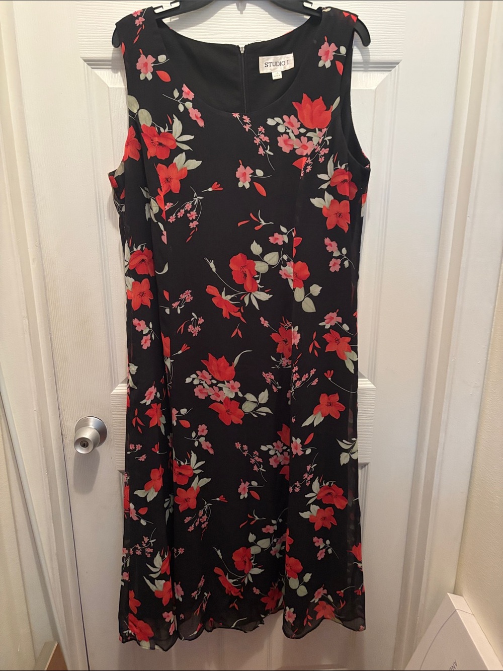Studio Black Floral Sleeveless A-Line Dress with Red Blooms